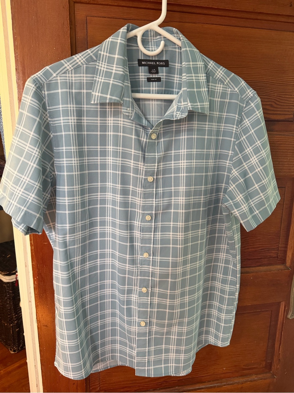 Michael Kors Men's Light Blue & White Plaid Short-Sleeve Button-Down Shirt